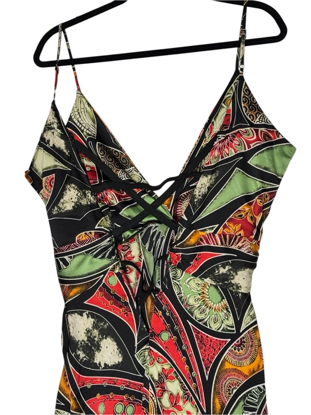 AKIRA Abstract Print Maxi Dress Size M Open Back Tie Front Spaghetti Strap - Picture 8 of 14